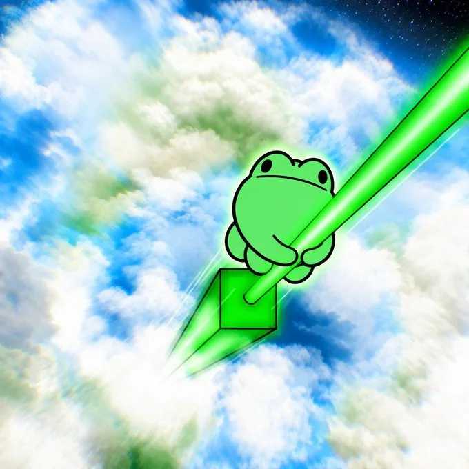 wibet riding a green arrow up through the clouds